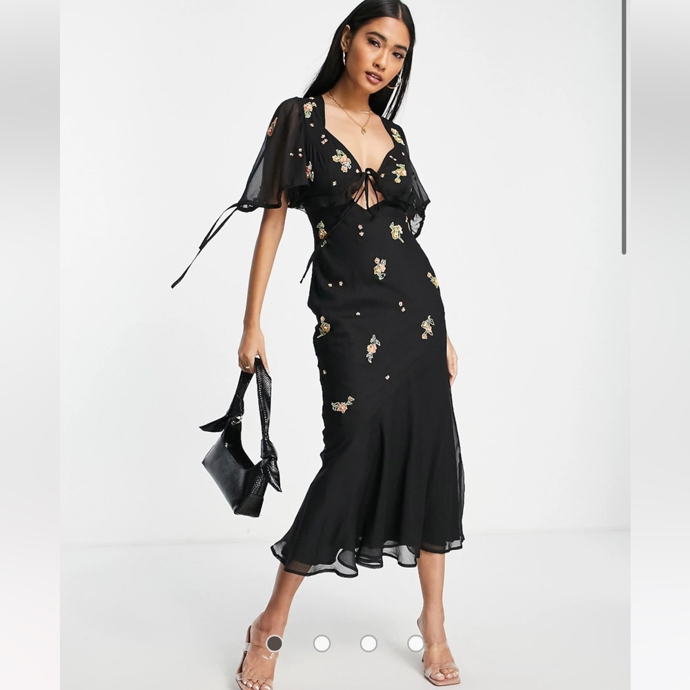 ASOS DESIGN bias cut midi dress with ditsy embellishment in black